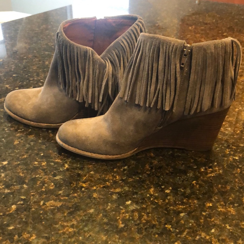 Wedge fringe booties